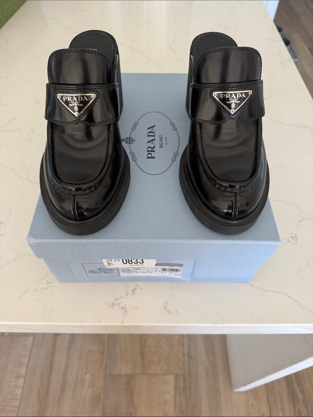 Prada Black Patent Leather Logo Mule Loafers